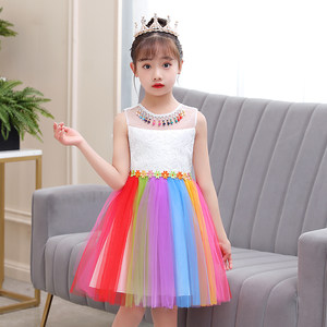 夏季女童彩虹色蓬蓬纱裙子六一儿童节表演服公主裙女孩连衣裙洋气