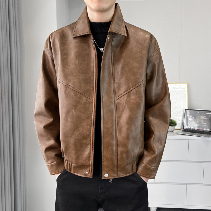 2025新款皮衣男士时尚翻领PU皮夹克水波纹机车外套男6803p98，男装皮衣，星座210A（原D326A）