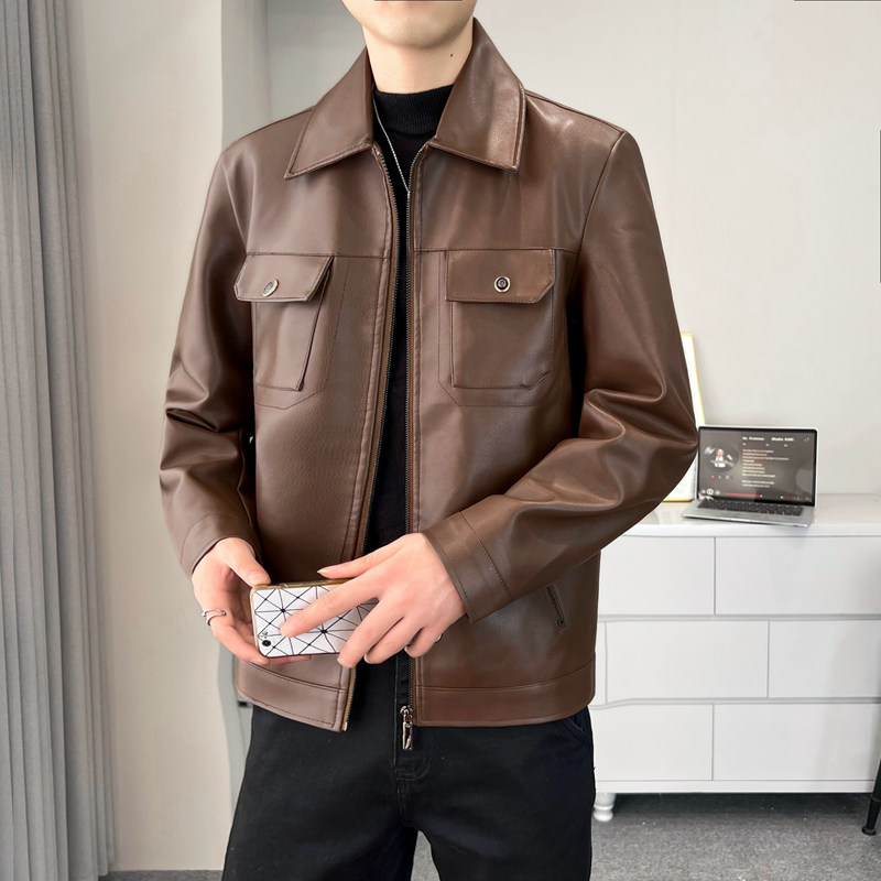 2025年秋冬季加绒皮衣外套新款翻领口袋休闲男士夹克6811 P90图片