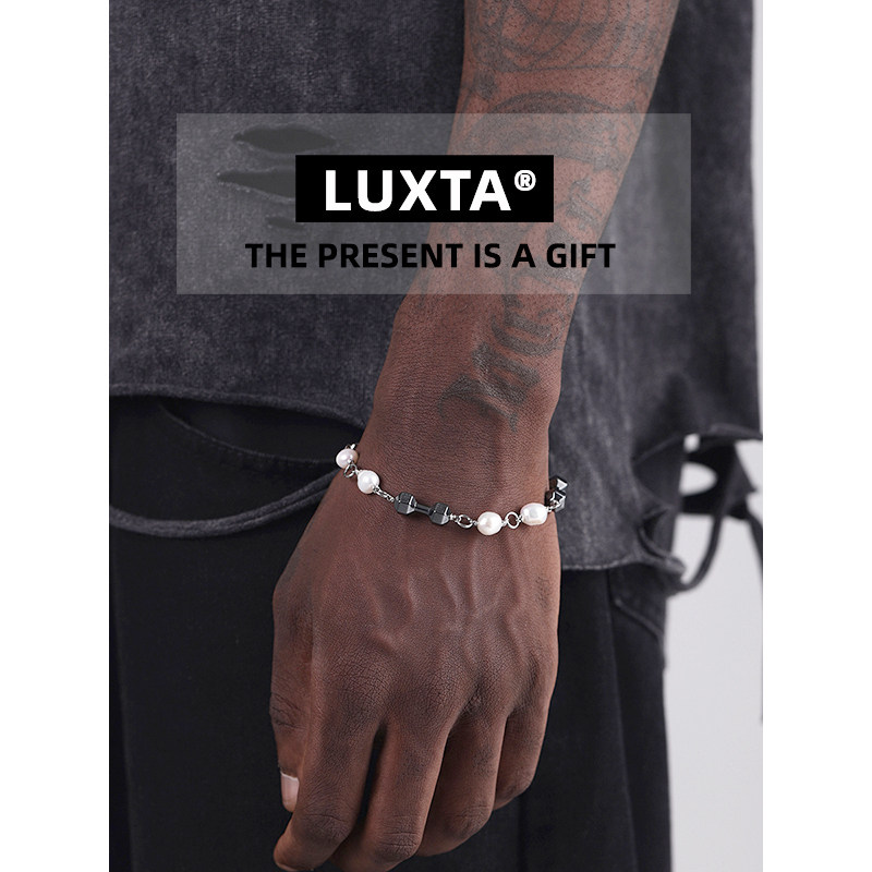 LUXTA原创 天然珍珠黑胆石手链男  巴洛克异形珍珠健身运动哑铃潮