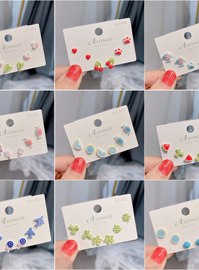 S925银针陶瓷耳钉女套装夏季小巧精致可爱ins风耳骨钉学生耳环潮