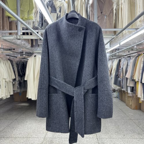 牦牛绒雅致灰立领双面羊毛大衣女短款秋冬新款一粒扣简约毛呢外套