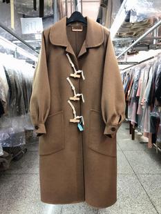 韩国东大门牛角扣双面羊毛大衣女中长款冬新款宽松衬衫袖毛呢外套