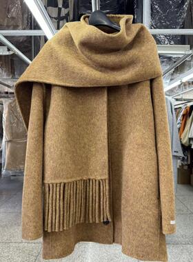 围巾双面羊毛大衣女短款2025年秋冬新款宽松时尚圆领气质毛呢外套