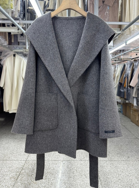 灰咖色连帽双面羊毛大衣女短款25秋冬新款宽松气质简约系带毛呢外