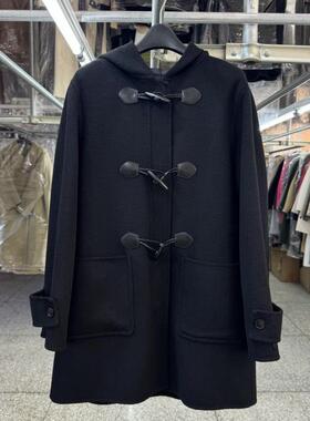 连帽牛角扣双面羊毛大衣女短款小个子秋冬款宽松 A型加绒毛呢外套