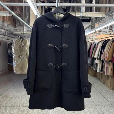 连帽牛角扣双面羊毛大衣女短款小个子秋冬款宽松 A型加绒毛呢外套