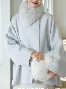 ES MODISH双面羊绒2025新款狐狸毛领宽松呢子羊毛外套配可拆毛领