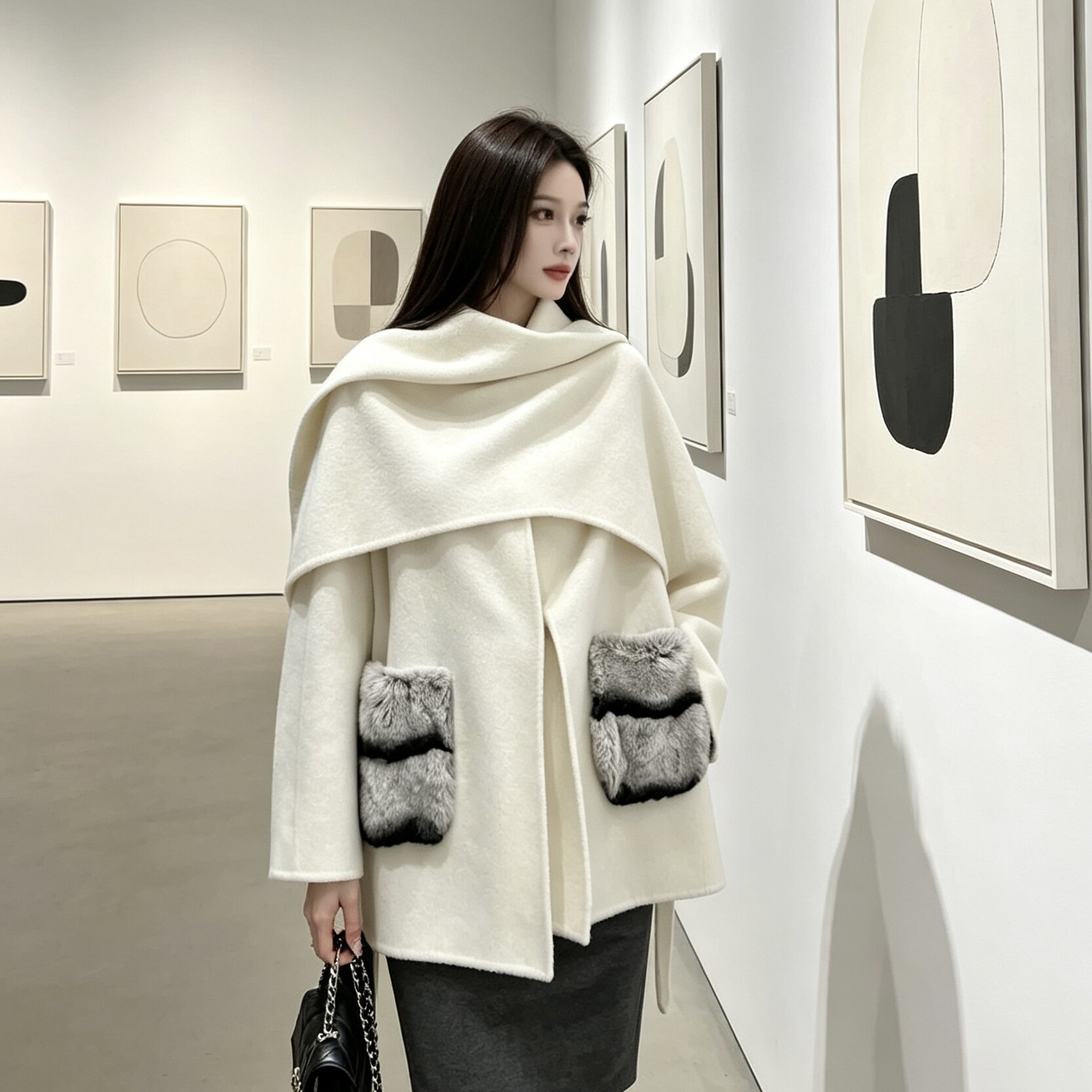 2026秋冬新款双面羊绒大衣气质优雅大翻领獭兔毛口袋羊毛外套女