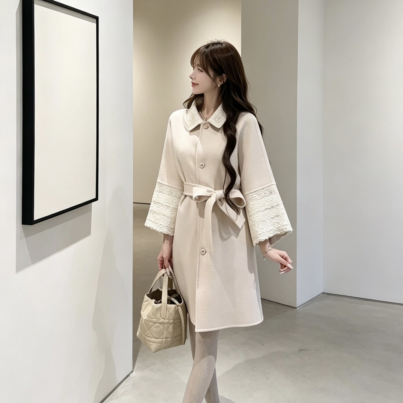 2026秋冬新款双面羊绒大衣气质优雅蕾丝拼接富家千金羊毛外套女图片