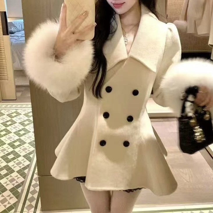 FalleaF-款狐狸毛袖大衣羊毛外套(含100羊毛)(毛袖可脱卸无领标)