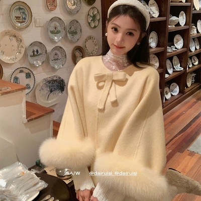 2025秋冬新款双面羊绒外套斗篷式优雅大衣羊毛外套配可拆真狐狸毛