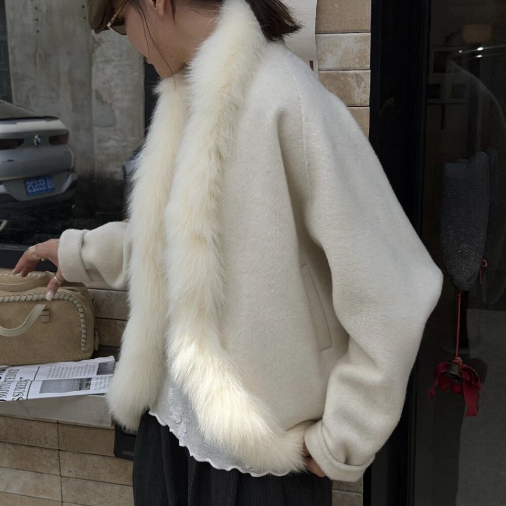 2026秋冬新款双面羊绒可拆真狐狸毛领短款优雅气质羊毛外套女