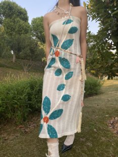 BLUE原创 纯白色提花针织镂空弹力抹胸长裙慵懒百搭气质连衣裙夏