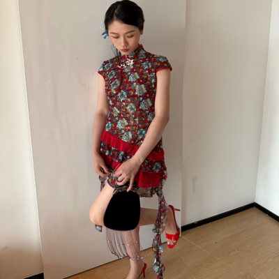 Blue原创 暗红提花拼接新中式不规则短旗袍连衣裙
