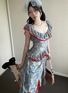 Blue自制新款 红色撞色不规则半裙 一字肩u领蓝彩金色提花蕾丝套装