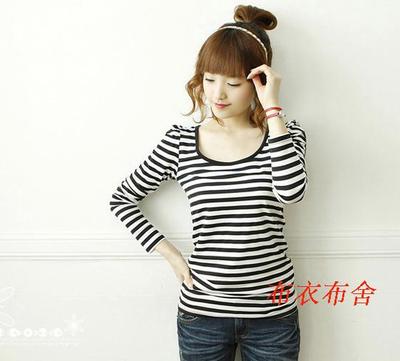 新款女士加肥加大韩版圆领长袖泡泡袖T恤黑白条纹打底衫量身定做