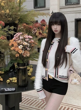 ROUGE DIAMOND千金少女/Balma*n粉白金扣垫肩毛茸茸针织开衫外套