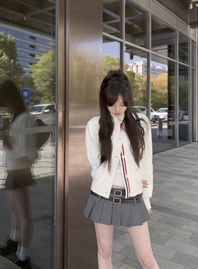 ROUGE DIAMOND甜酷奶学姐/tb织带拼接仿貂绒羊毛呢棒球外套