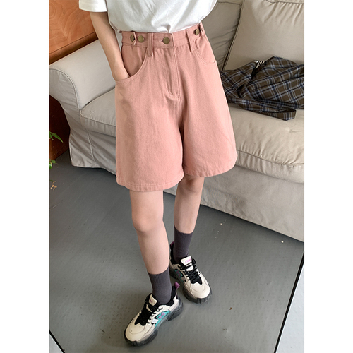 Non real shooting of summer pink denim cropped pants women's high waist thin niche straight shorts fashion