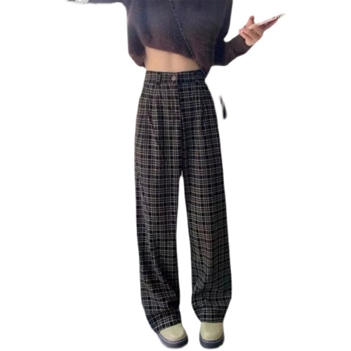 Non real time retro Plaid wide leg pants for female students high waist loose hanging floor mops