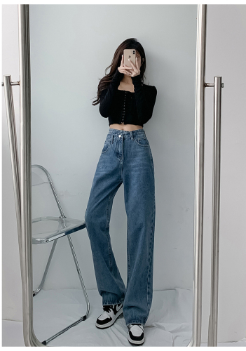 Non real shooting special autumn and winter straight jeans net red design feeling loose High Waist Wide Leg Pants