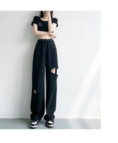 Non real shot spring and autumn black pierced jeans women's loose straight wide leg pants high waist thin pants