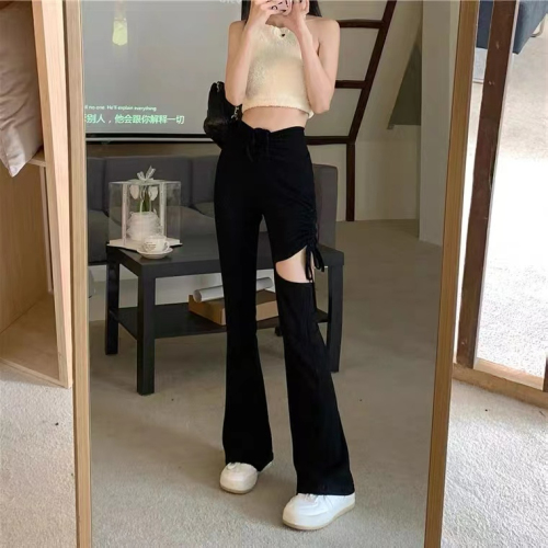 Non real shooting original quality hole drawstring wide leg pants women's straight casual pants