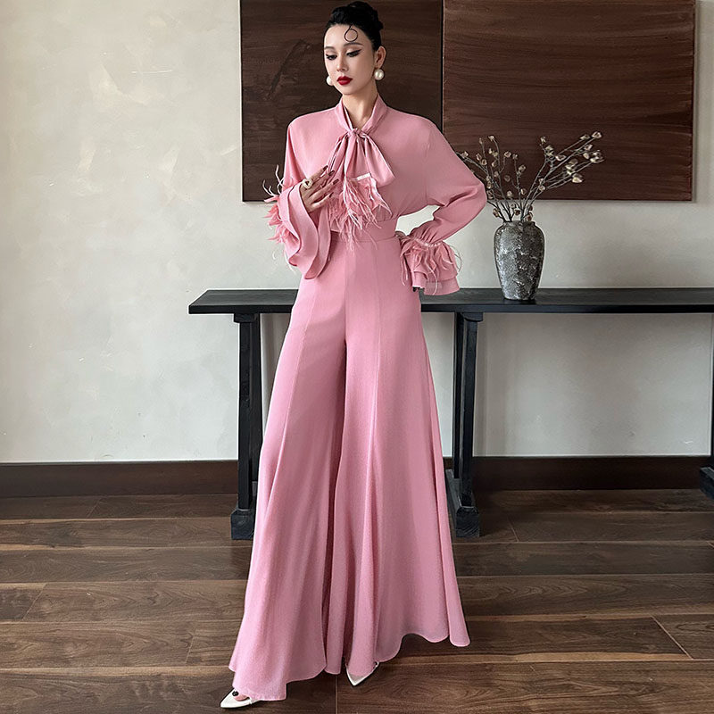 温柔风粉色系带流苏套装女收腰阔腿裤两件套高级感宽松雪纺衫长裤