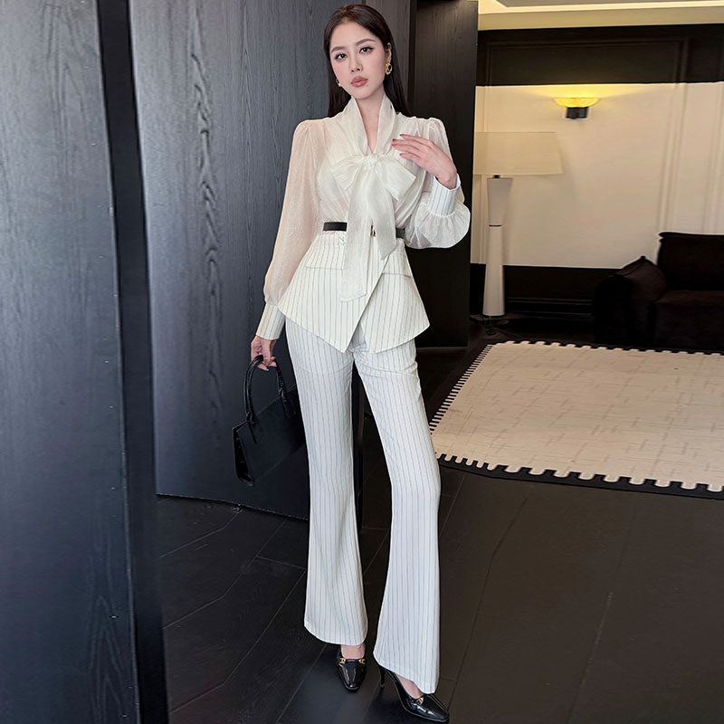 春季轻奢风经典条纹高腰时尚套装长袖时尚流行高端长裤职业两件套