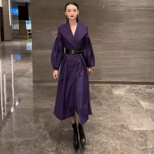 名媛优雅长袖 大翻领收腰显瘦外套裙法式 大摆连衣裙女 新款 2024秋季