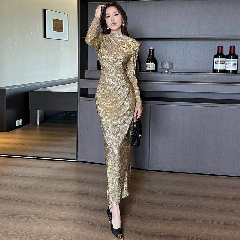 气质长袖立领性感开叉宴会礼服裙