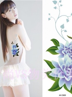 纹身贴纸防水女款蓝色荷花大图案18包邮满十送一