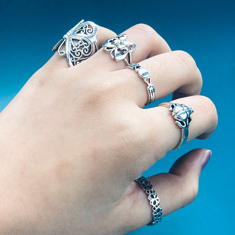 925纯银佛系精灵观音菩萨青蛙蝴蝶星星月亮字母英文戒指时尚银饰