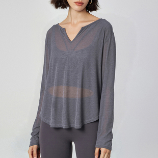 小V大领口宽松竹节纱一字肩微透凉感速干瑜伽健身罩衣长袖上衣