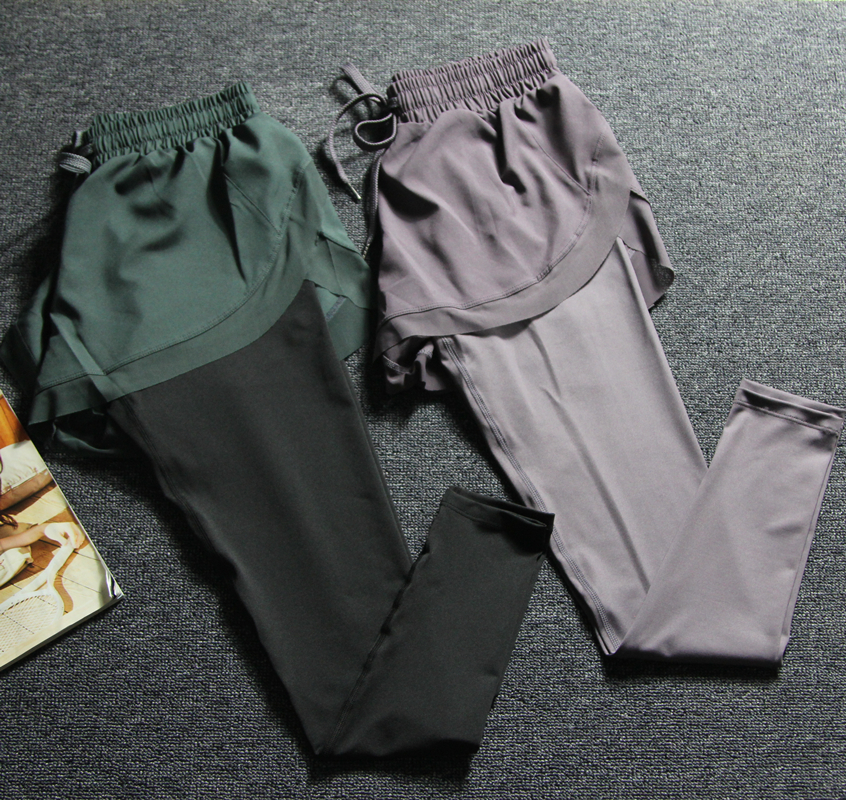 网红显瘦运动长裤女假两件紧身裤跑步弹力户外训练外穿瑜伽裤九分