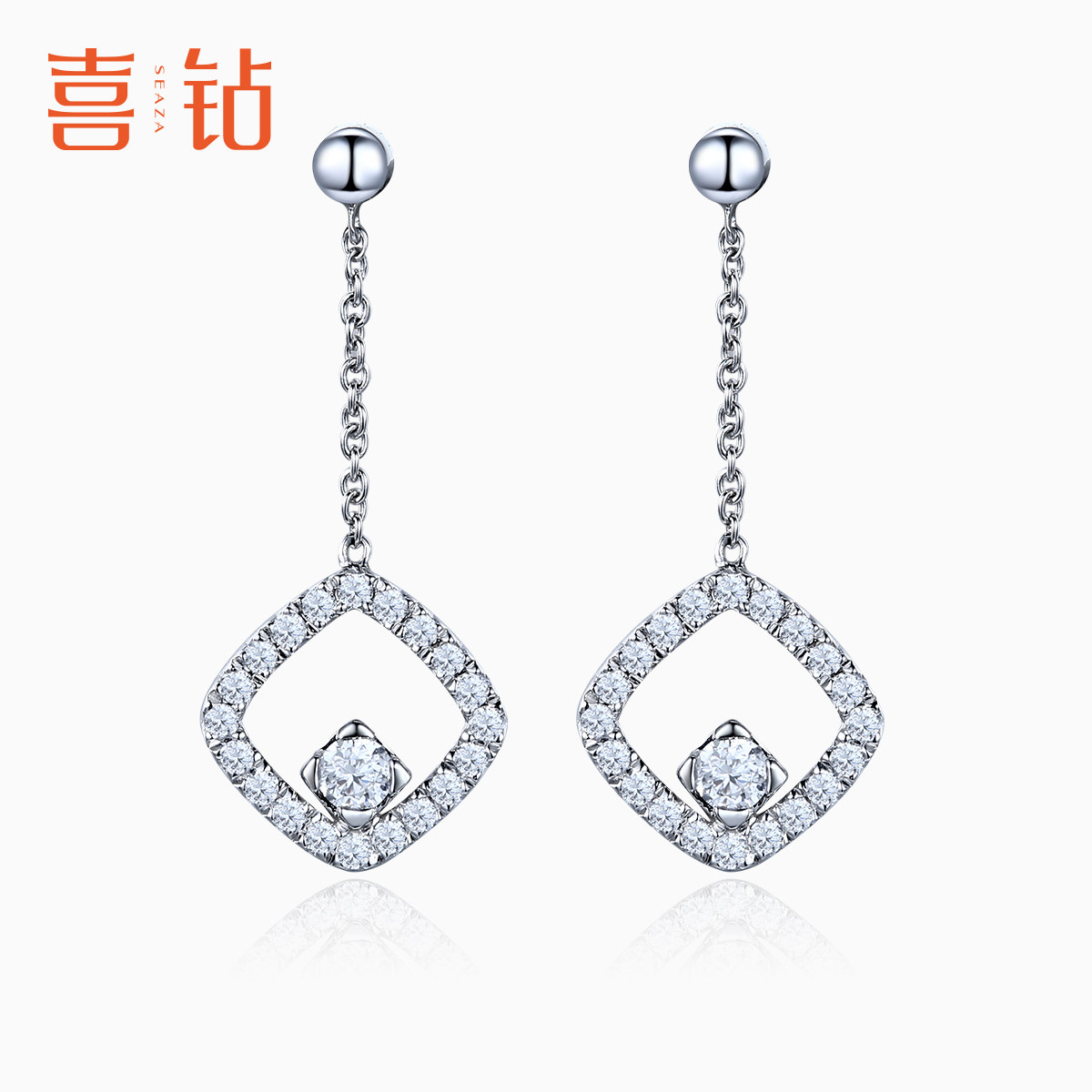 喜钻 白18K金钻石耳钉耳坠女款珠宝时尚配饰群镶钻个性耳饰女新品