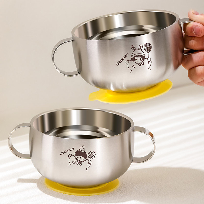 316L不锈钢儿童碗双耳辅食碗吃饭专用碗套装防摔婴儿宝宝饭碗餐具