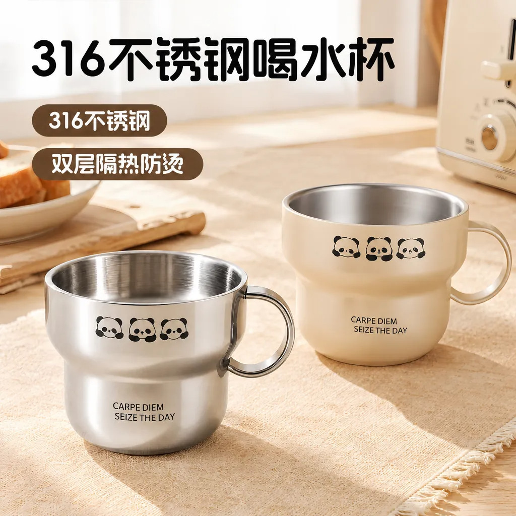 316不锈钢熊猫马克杯儿童喝水杯