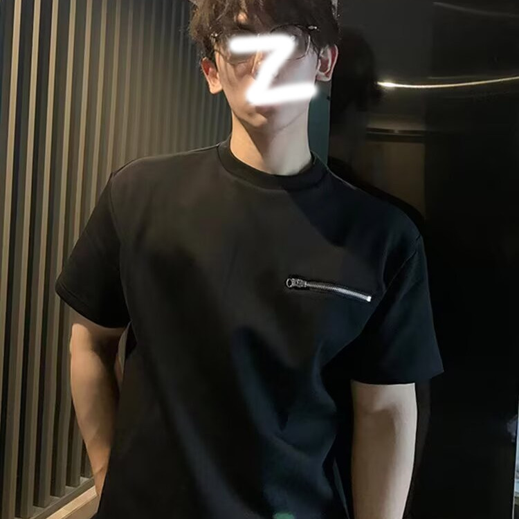 重磅美式拉链设计感短袖男生网红设计感t恤圆领潮牌高街半袖上衣