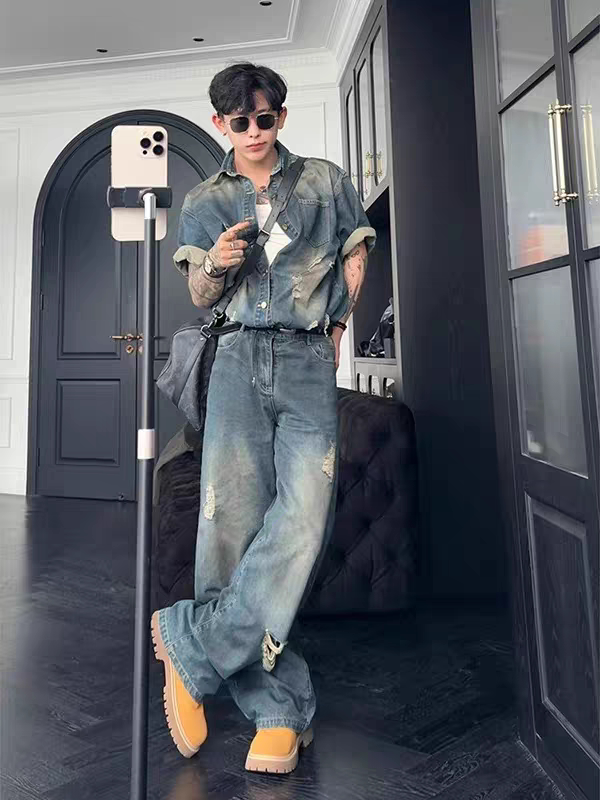 美式复古破洞牛仔短袖衬衫弯刀牛仔裤搭配一整套男生酷帅穿搭套装