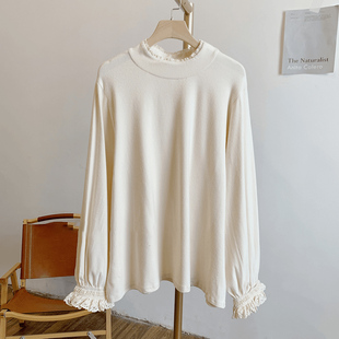 C2009磨毛蕾丝边半高领打底长袖 T恤