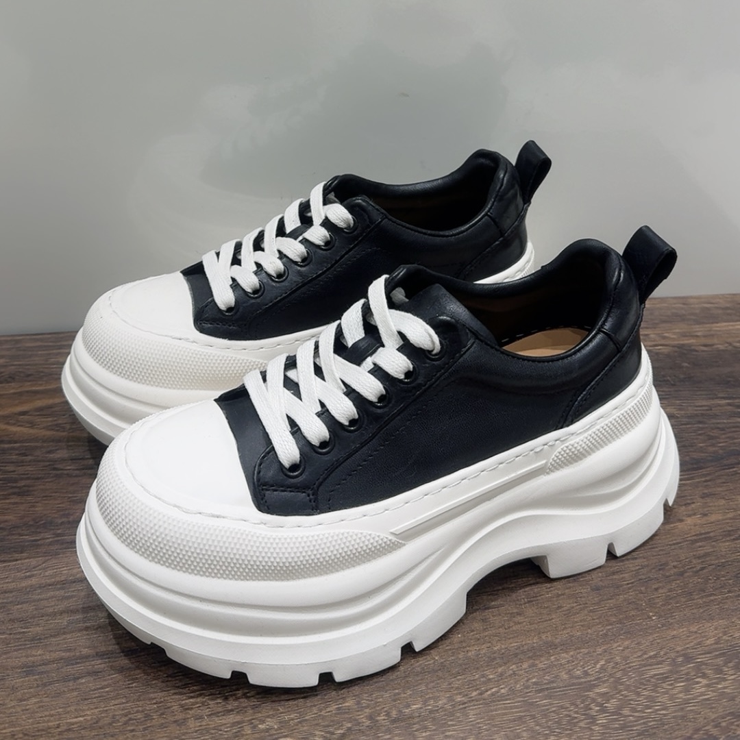 锁定高品Gy水洗马皮厚底增高老爹鞋女百搭真皮系带松糕运动休闲鞋