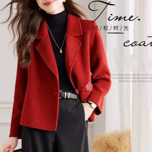 领毛呢外套潮 气质减龄百搭西装 红色双面绒大衣女短款 2025春秋新款