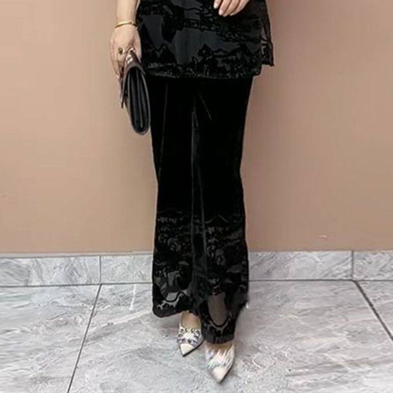 金丝绒大码松紧裤大码休闲裤显瘦女裤丝绒烧花阔腿裤高腰遮肚裤女