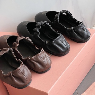 莞产[GR]家圆头浅口真皮褶皱一字平底玛丽珍女鞋 芭蕾舞鞋