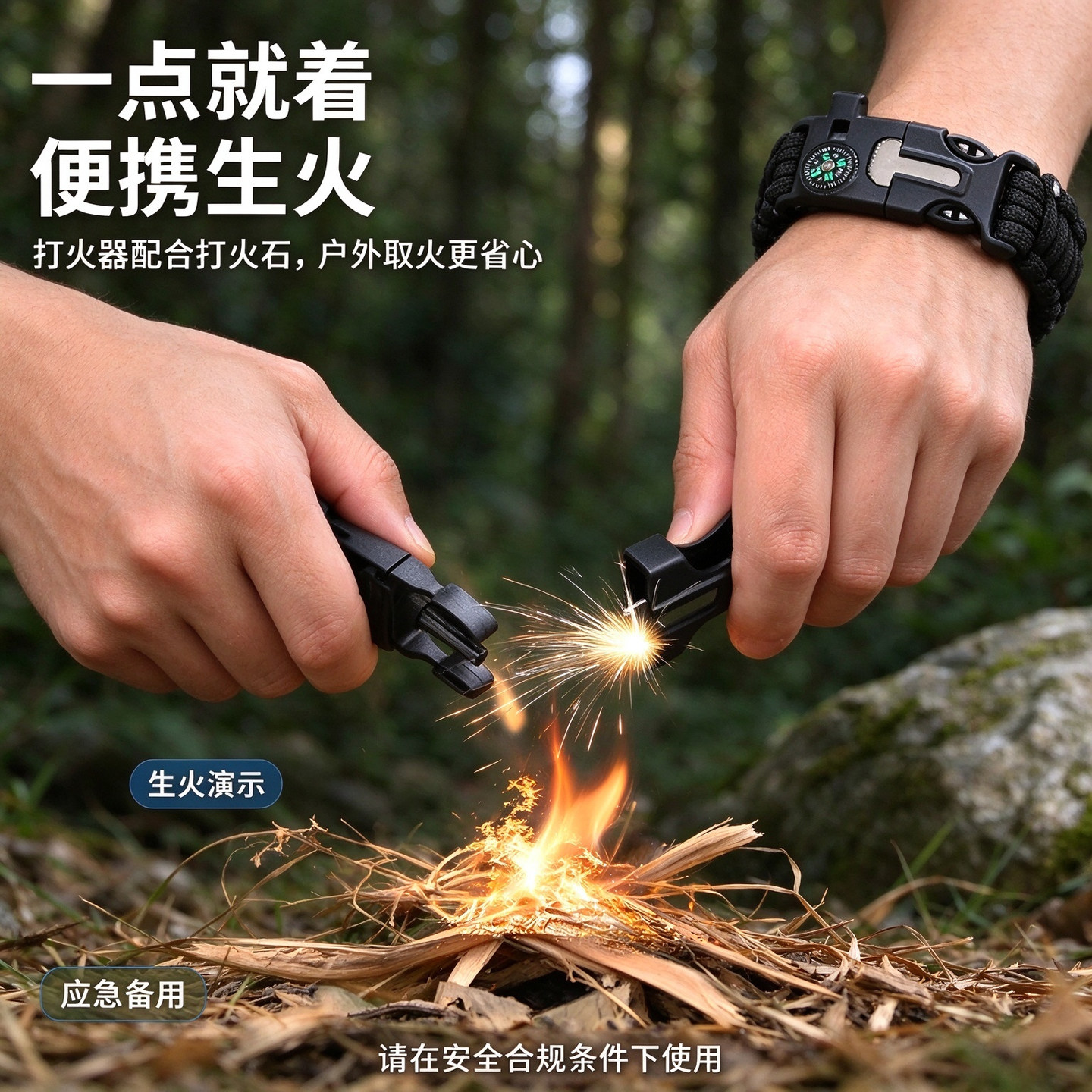 户外伞绳手链打火石指南针