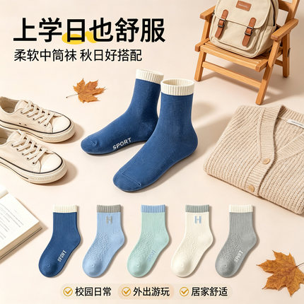 男童袜子棉秋薄款青少年防臭儿童冬中大童全棉中筒袜吸汗舒适棉袜