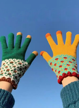 多巴胺拼色毛线手套女冬季2025新款加绒加厚保暖骑行触屏针织手套