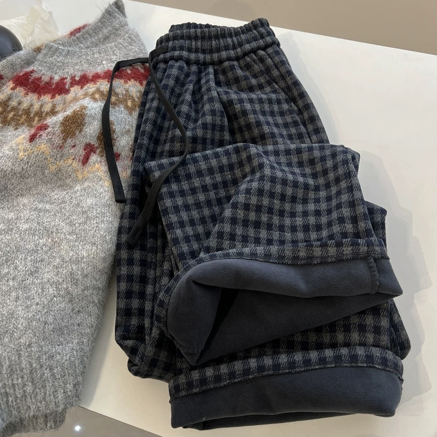 清仓捡漏~胖妹妹大码240斤女装复古加绒阔腿长裤高腰格子休闲裤潮